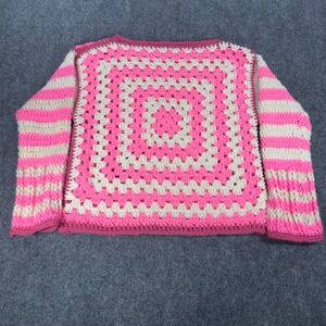 Handmade Crochet Granny Square Sweater Pink Cream Striped Boho Knit Top